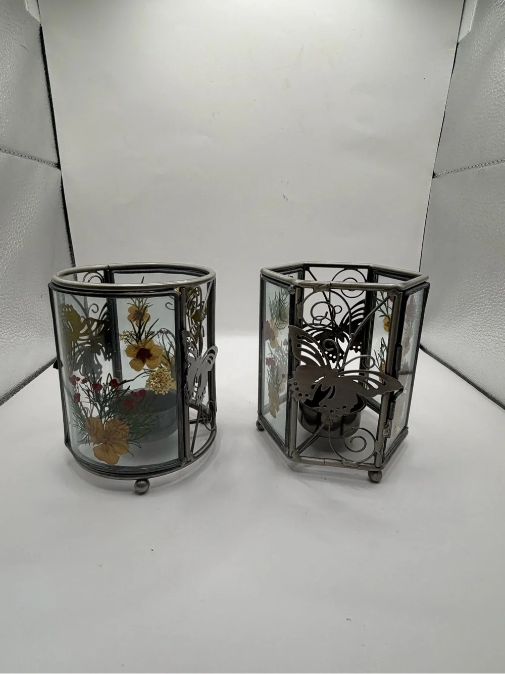 Pressed Flower Butterfly Glass Tealight Candle Holders Set of 2